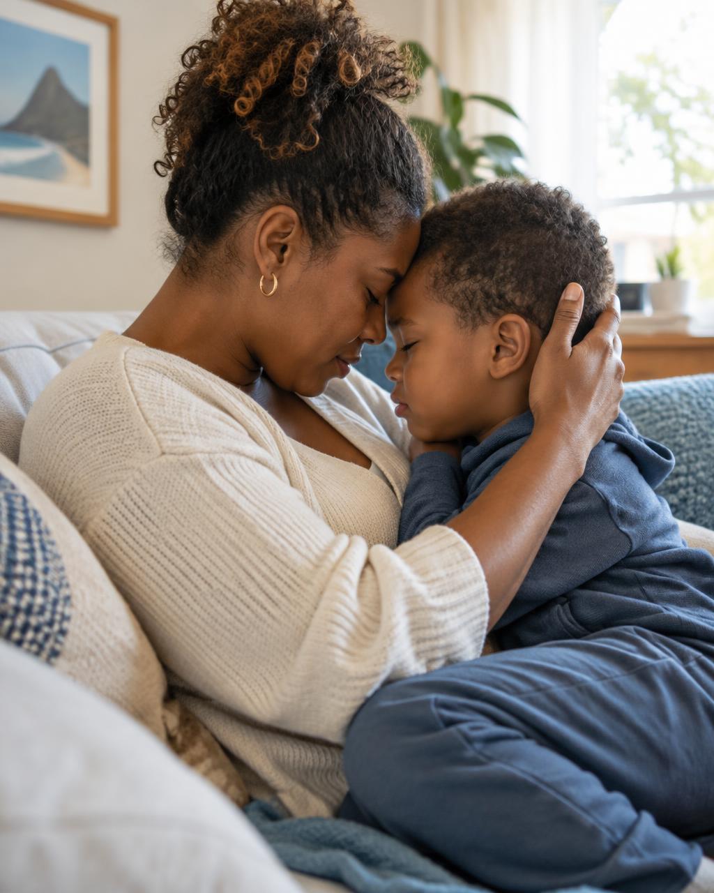 Mãe acolhe o filho com carinho no sofá de casa